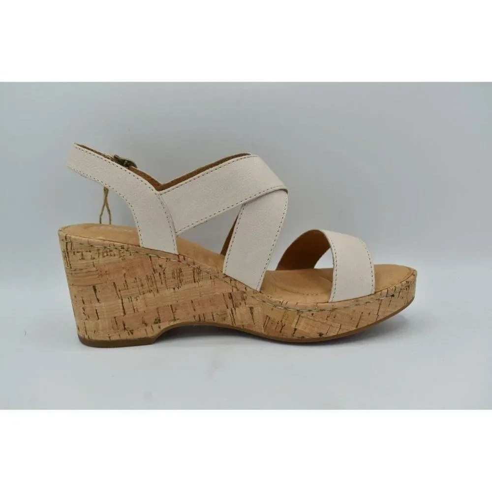 Born Womens Size 11 Lanai White Bone Full Grain Leather Wedge‎ Sandals Shoes